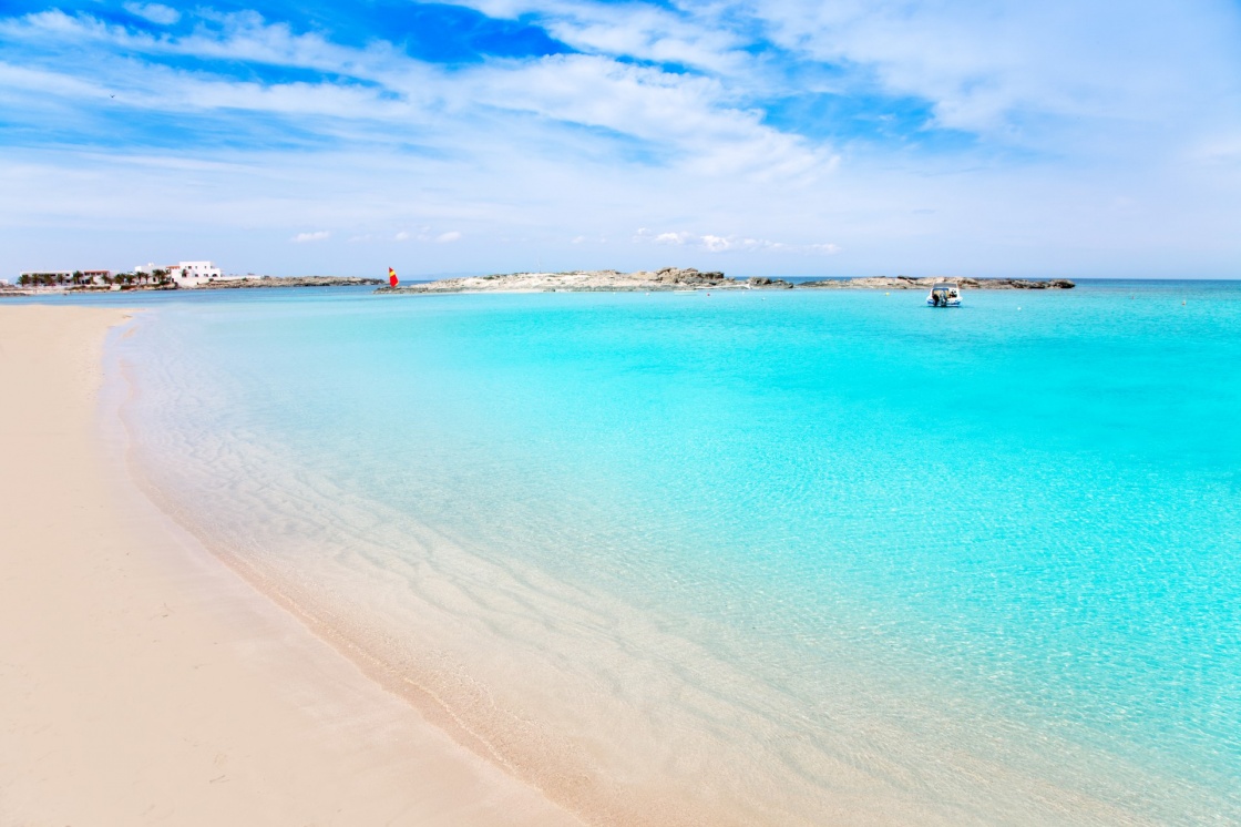 Els Pujols Formentera white sand beach turquoise water in Balearic islands